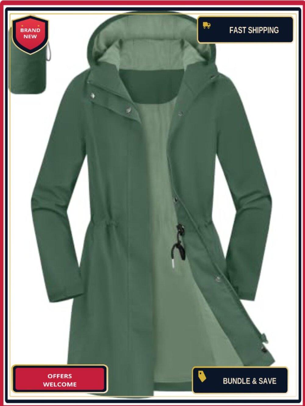 Waterproof Packable Rain Jacket with Hood for Women - Windproof Long Trench